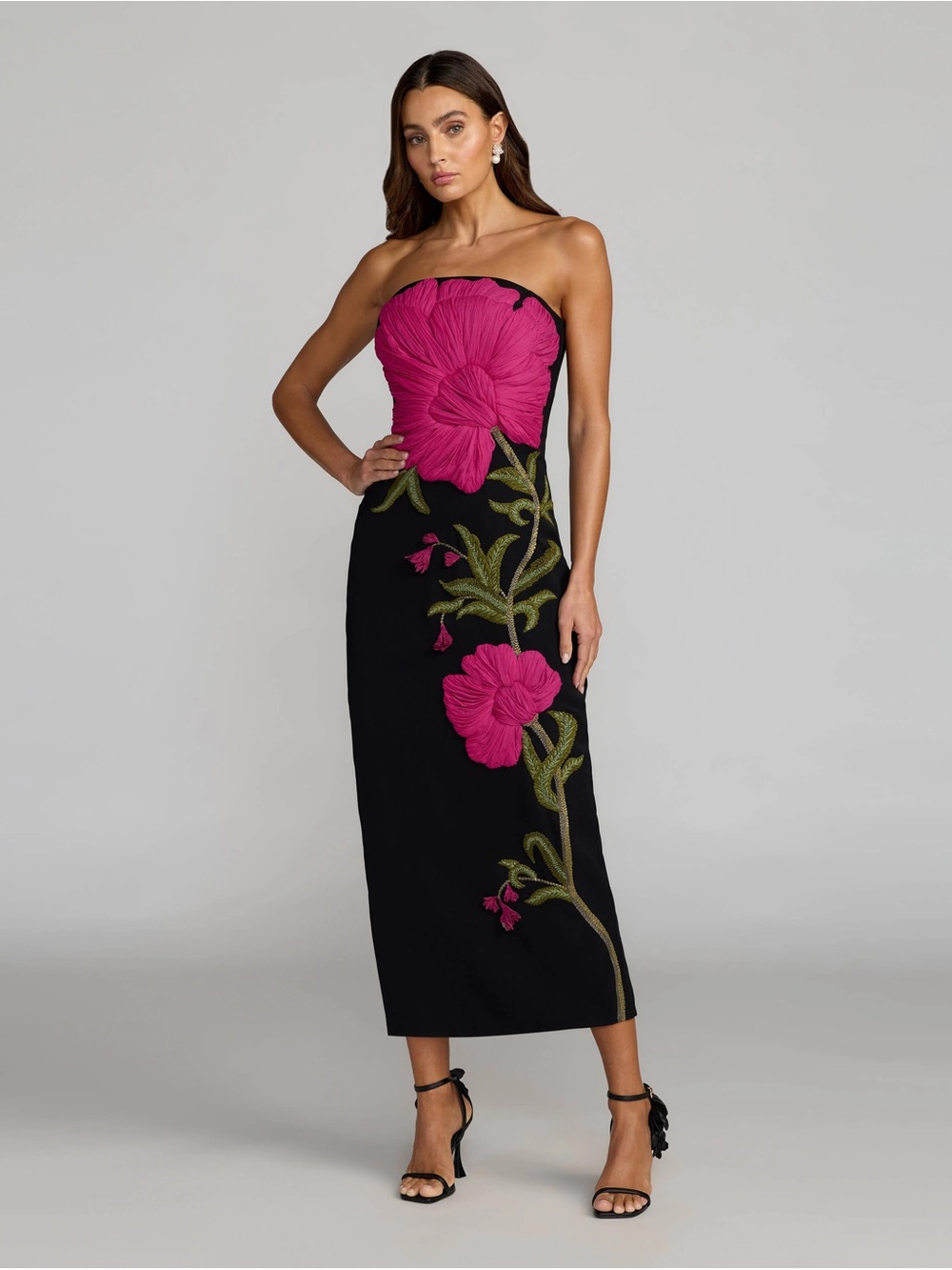 Strapless Black Midi Dress with Fuchsia Floral Embroidery Mac Duggal 94359